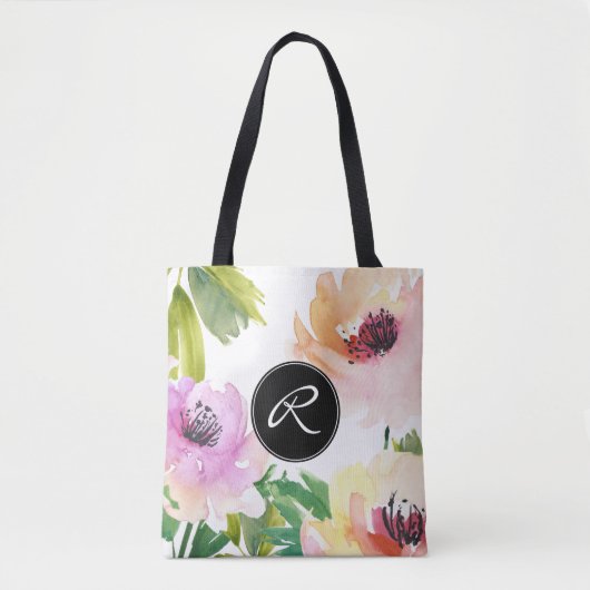 Pastel Waterverf Roos Bloemen met Monogram Tote Bag (Voorkant)