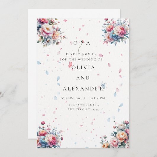 Pastel Waterverf Roos bruiloft uitnodiging (Voorkant / Achterkant)