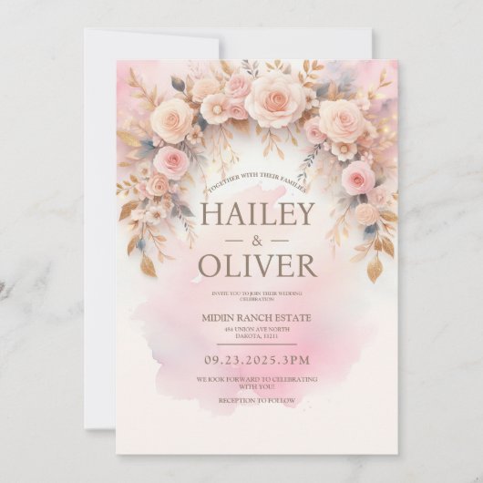 Pastel Waterverf Roos bruiloft uitnodiging (Voorkant)