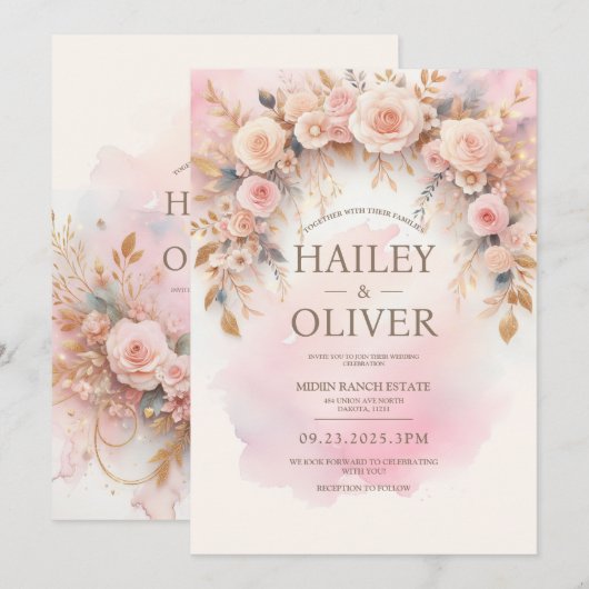 Pastel Waterverf Roos bruiloft uitnodiging (Voorkant / Achterkant)