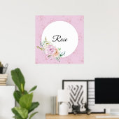 Pastel Waterverf Roos met Gepersonaliseerd naam Poster (Thuiskantoor)