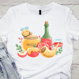 Pastel Waterverf Rosh Hashanah Symbolen T-shirt