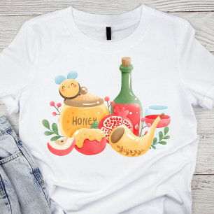 Pastel Waterverf Rosh Hashanah Symbolen T-shirt