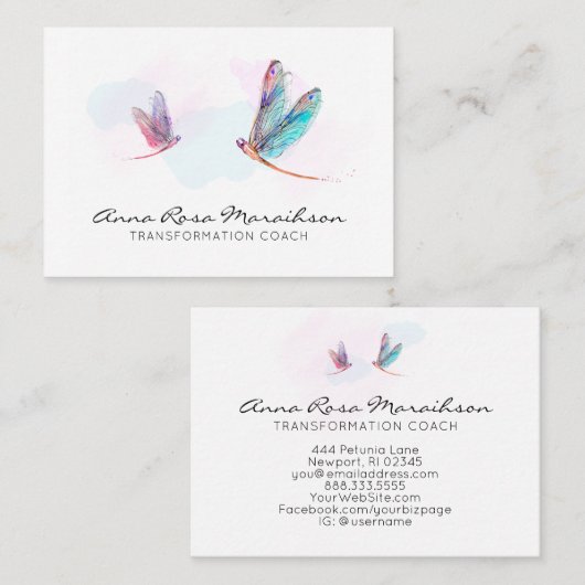 *~* Pastel Waterverf Roze Blauwe Dragonfly Busines Visitekaartje (Voorkant / Achterkant)