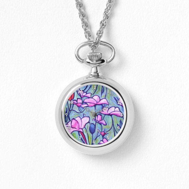 Pastel Waterverf Roze Bloemen Horloge (Voorkant)