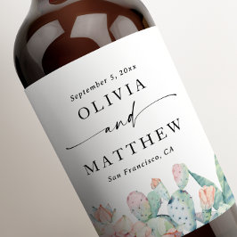 Pastel waterverf roze bloemensucculenten bruiloft wijn etiket