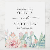 Pastel waterverf roze bloemensucculenten bruiloft wijn etiket (Enkel label)