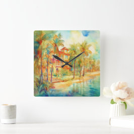 PASTEL WATERVERF SEASIDE HOUSE OP DE BEACH VIERKANTE KLOK