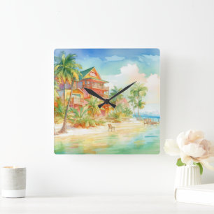 PASTEL WATERVERF SEASIDE HOUSE OP DE BEACH VIERKANTE KLOK