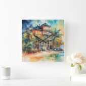 PASTEL WATERVERF SEASIDE HOUSE OP DE BEACH VIERKANTE KLOK (Huis)
