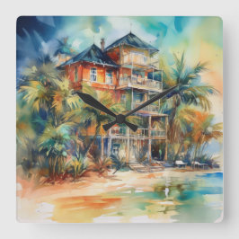 PASTEL WATERVERF SEASIDE HOUSE OP DE BEACH VIERKANTE KLOK