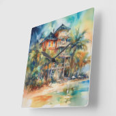 PASTEL WATERVERF SEASIDE HOUSE OP DE BEACH VIERKANTE KLOK (Hoek)