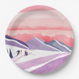 Pastel Waterverf Ski Berg Zonsondergang Papieren Bordje