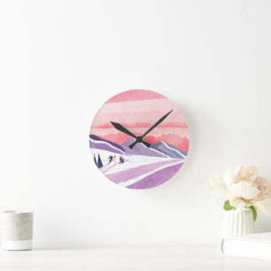 Pastel Waterverf Ski Berg Zonsondergang Ronde Klok