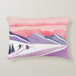 Pastel Waterverf Ski Mountain Sunset Accent Kussen