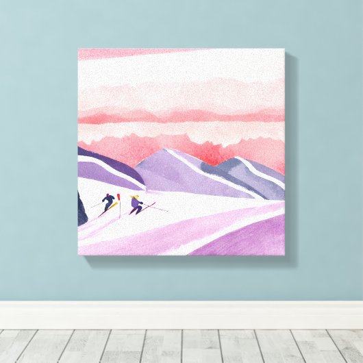 Pastel Waterverf Ski Mountain Sunset Canvas Afdruk (Insitu (Houten vloer))