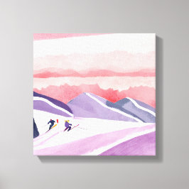 Pastel Waterverf Ski Mountain Sunset Canvas Afdruk