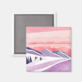 Pastel Waterverf Ski Mountain Sunset Magneet (Voorkant / Achterkant)