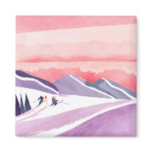 Pastel Waterverf Ski Mountain Sunset