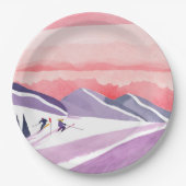 Pastel Waterverf Ski Mountain Sunset Papieren Bordje (Voorkant)