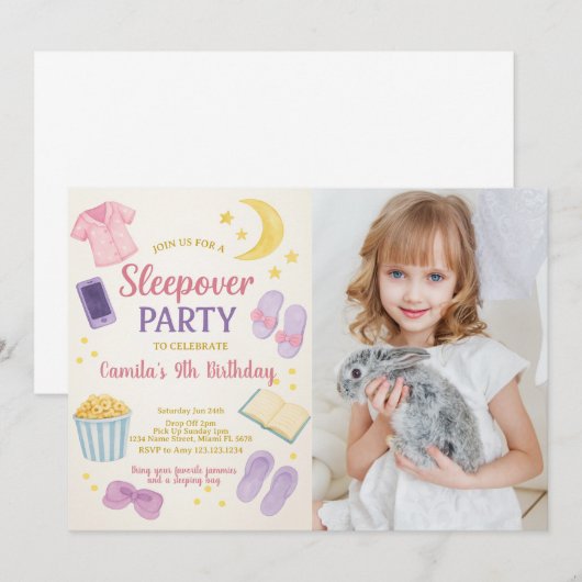 Pastel Waterverf Sleepover Verjaardagsuitnodiging Kaart (Voorkant / Achterkant)