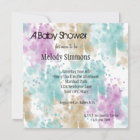 Pastel Waterverf Splatter Abstract Baby shower Kaart (Achterkant)
