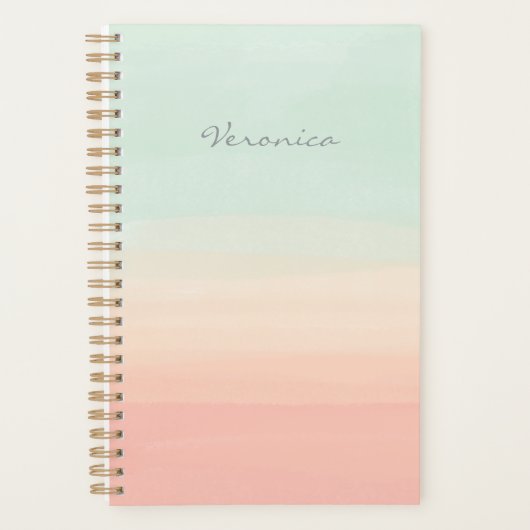 Pastel Waterverf Stripes Seafoam en Perziknaam Planner (Voorkant)