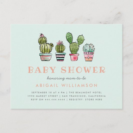Pastel Waterverf Succulent Cactus Baby shower Uitnodiging Briefkaart (Voorkant)