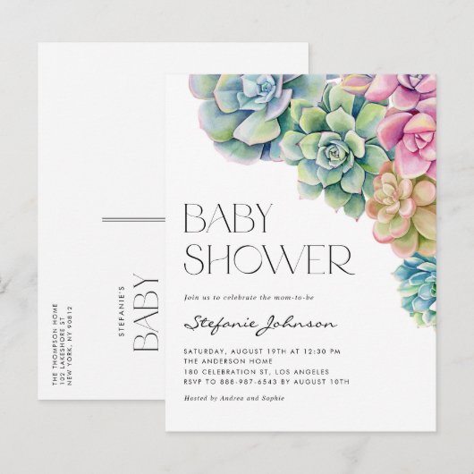 Pastel Waterverf Succulenten Zomer Baby shower Uitnodiging Briefkaart (Voorkant / Achterkant)