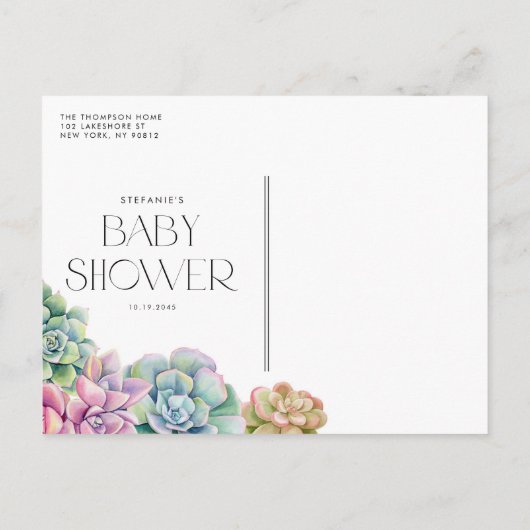 Pastel Waterverf Succulenten Zomer Baby shower Uitnodiging Briefkaart (Achterkant)