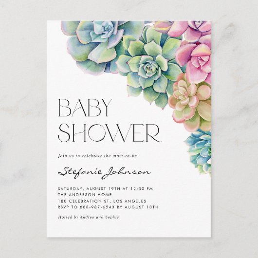 Pastel Waterverf Succulenten Zomer Baby shower Uitnodiging Briefkaart (Voorkant)