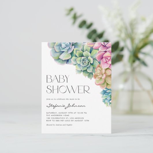 Pastel Waterverf Succulenten Zomer Baby shower Uitnodiging Briefkaart (Staand voorkant)
