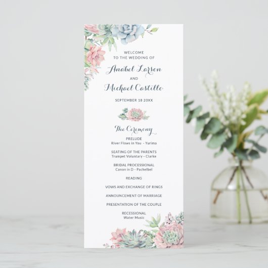 Pastel Waterverf Succulents Wedding Programme Programmakaart (Staand voorkant)