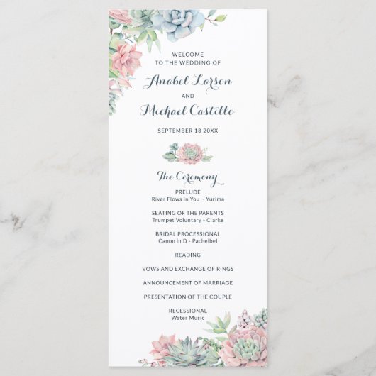 Pastel Waterverf Succulents Wedding Programme Programmakaart (Voorkant)