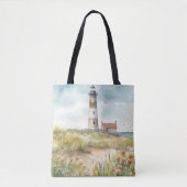 PASTEL WATERVERF SUMMER LIGHTHOUSE ON BEACH TOTE BAG (Voorkant)