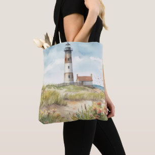 PASTEL WATERVERF SUMMER LIGHTHOUSE ON BEACH TOTE BAG
