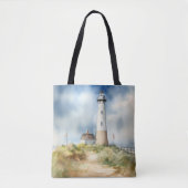 PASTEL WATERVERF SUMMER LIGHTHOUSE ON BEACH TOTE BAG (Voorkant)