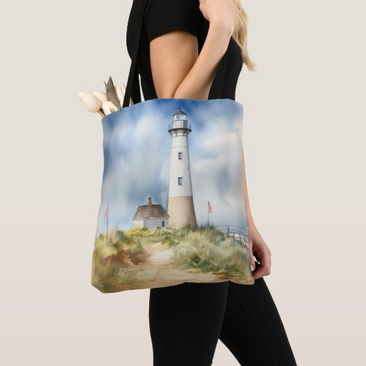 PASTEL WATERVERF SUMMER LIGHTHOUSE ON BEACH TOTE BAG (Dichtbij)