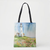 PASTEL WATERVERF SUMMER LIGHTHOUSE ON BEACH TOTE BAG (Voorkant)
