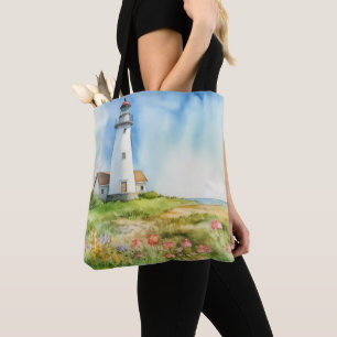 PASTEL WATERVERF SUMMER LIGHTHOUSE ON BEACH TOTE BAG