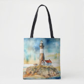 PASTEL WATERVERF SUMMER LIGHTHOUSE ON BEACH TOTE BAG (Voorkant)