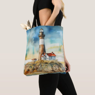 PASTEL WATERVERF SUMMER LIGHTHOUSE ON BEACH TOTE BAG