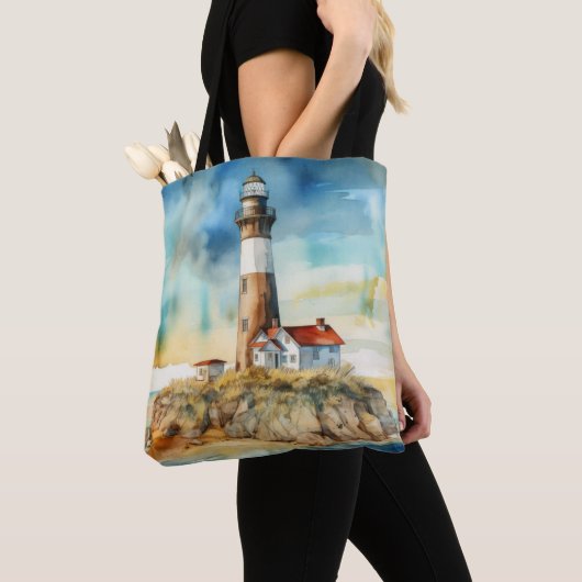 PASTEL WATERVERF SUMMER LIGHTHOUSE ON BEACH TOTE BAG (Dichtbij)