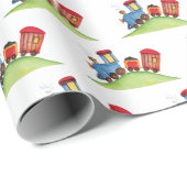 Pastel Waterverf Train Rood Blauw Verjaardagsfeest Cadeaupapier (Rol Hoek)