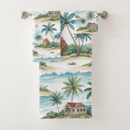 PASTEL WATERVERF TROPISCHE HUTTEN OP HET STRAND BAD HANDDOEK