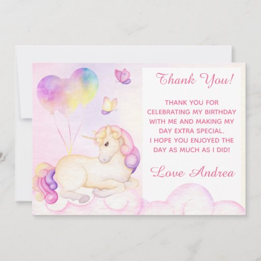 Pastel Waterverf Unicorn en ballonnen Bedankkaart (Voorkant)