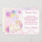 Pastel Waterverf Unicorn en ballonnen Bedankkaart (Voorkant / Achterkant)