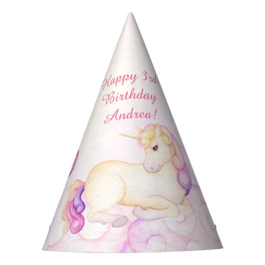 Pastel Waterverf Unicorn en Balloons Birthday Feesthoedjes (Voorkant)
