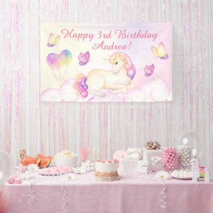 Pastel Waterverf Unicorn en Balloons Birthday Spandoek