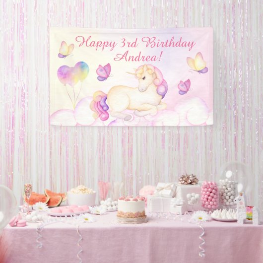 Pastel Waterverf Unicorn en Balloons Birthday Spandoek (Feest)